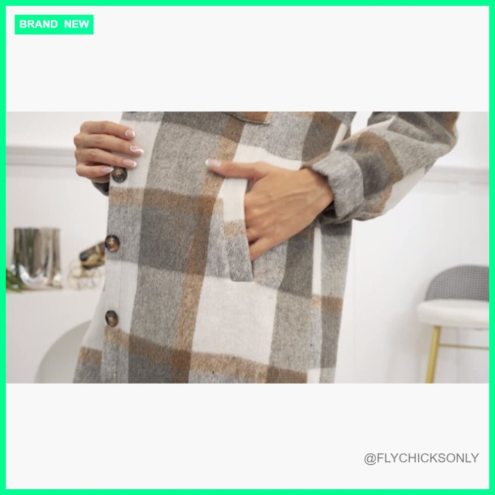 Polyester Blend Oversized Long Plaid Shacket Jack… - image 6